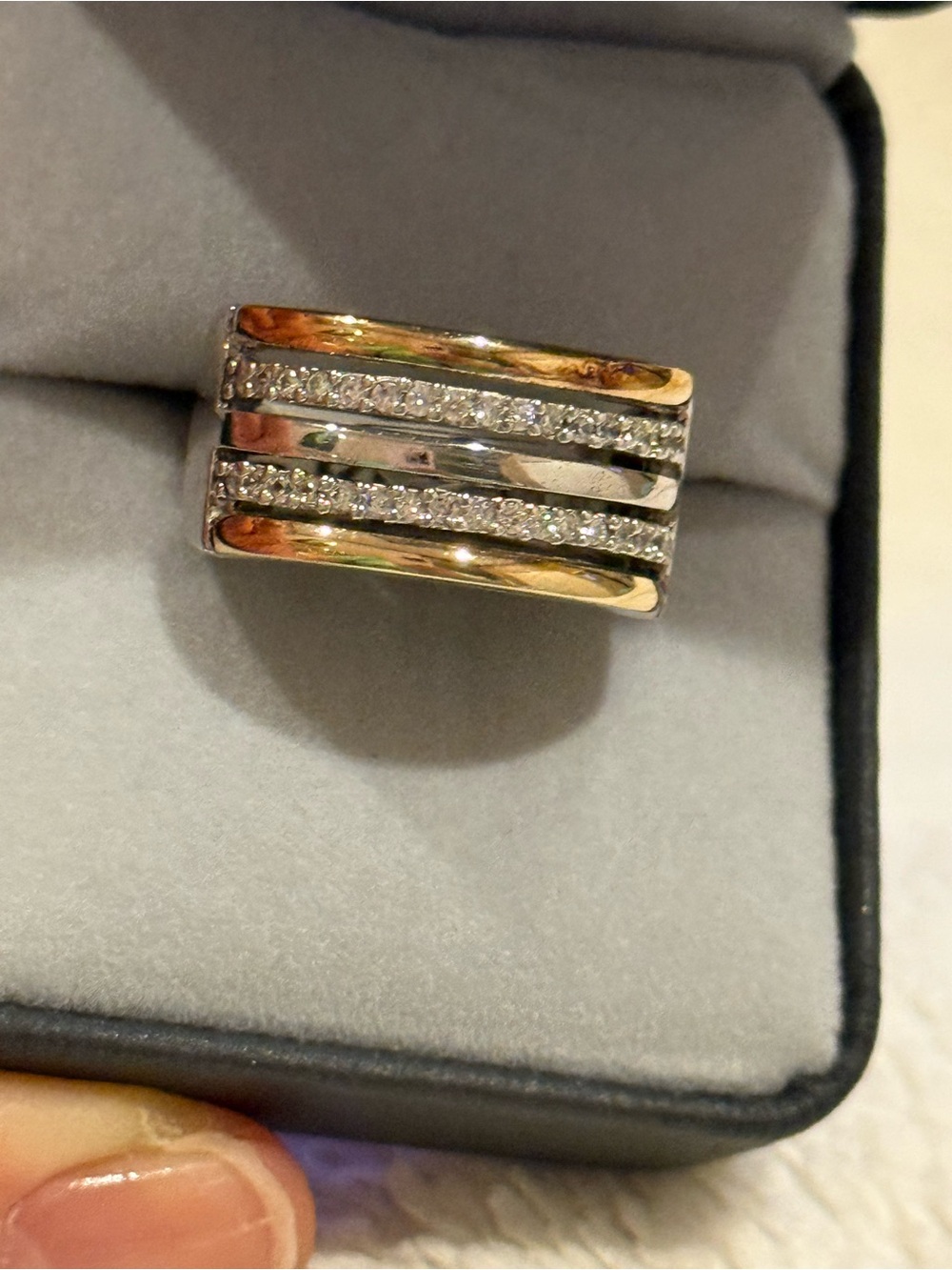 Wide Two-Tone Band Ring with Pavé CZ Accents  18k- Gold & Silver 925